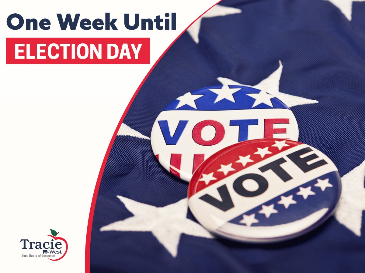 WestForSchools's tweet photo. There is only ONE WEEK to go until the Tuesday, June 5 election! Find your polling location now, and get ready to make your voice heard in this crucial race for Alabama State Board of Education! https://t.co/32dllqAREA https://t.co/M3dHY9SogN