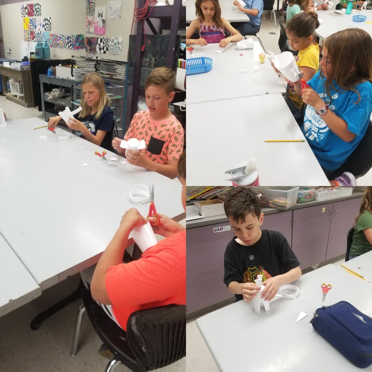 artsydoyle's tweet photo. Kids in Sculpture Studio were challenged to make a sculpture using only scissors and a foam cup! #projectterm @blackriverrats https://t.co/hI9pUSyRfT