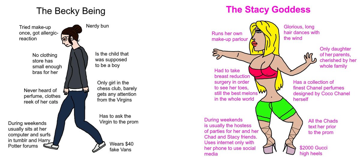 Popular incel Memes (left to right): Virgin, Chad, Becky and Stacy