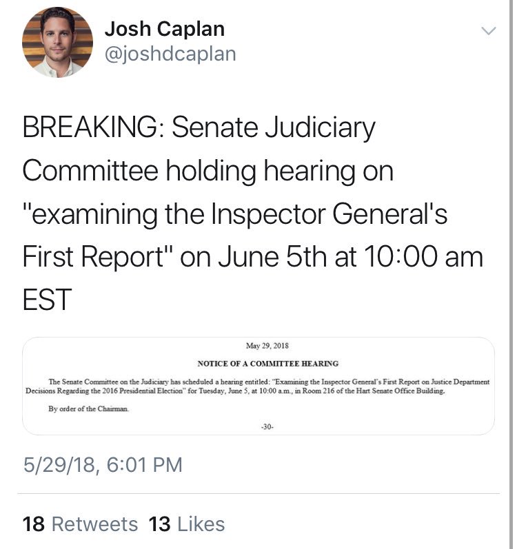 BREAKING: Senate Judiciary Committee holding hearing on "examining the Inspector General's First Report" on June 5th at 10:00 am EST