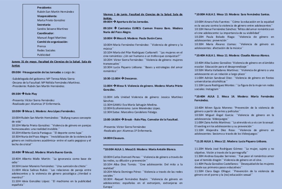 6JENFERULE's tweet photo. Tras unas semanas de duro trabajo, ya ponemos a vuestra disposición el tríptico de nuestras jornadas sobre violencia de género. Os invitamos a todos a asistir a las conferencias de nuestros profesionales.(El taller de defensa personal tiene todas sus plazas agotadas). https://t.co/jrHL0D7l5L