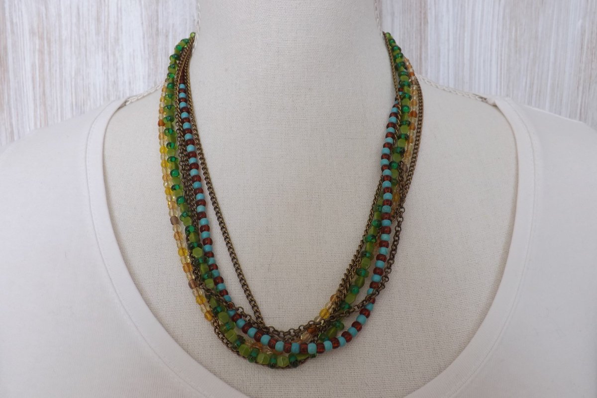 How about a fun 6 strand bead and chain necklace? etsy.me/2IWtvy4 #multistrandnecklace #6strandnecklace #bohonecklace #bohojewellery #festivaljewellery #multristrandnecklaceforsaleuk #festivalnecklace #gypsyjwellery #hippynecklace #multistrandjewellery #folkjewellery