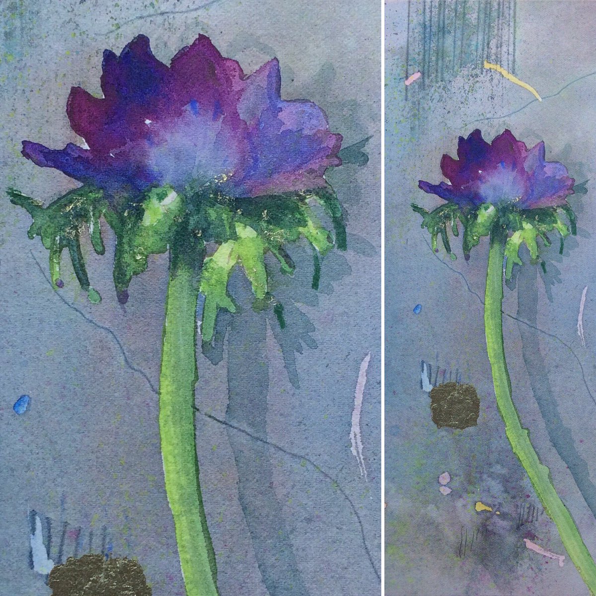 Anemone, detail &amp; full picture, watercolour and gold leaf
#floralart #contemporaryart #worksonpaper #watercolor #watercolour #watercolorpainting #art #colour #anemone #flowersinart #flowers #colour #texture #clairewaltiermacgillivray