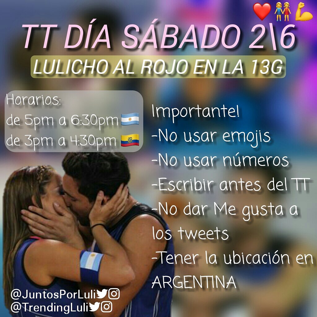trendingluli's tweet photo. El dia Sábado 2\6 hay TT:
LULICHO AL ROJO EN LA 13G
Toda la info está en la foto, dudas al MD @JuntosPorLuli\@trendingluli Difundan @lulifrancos12 @luchito_fain https://t.co/nCOiI7oo0A