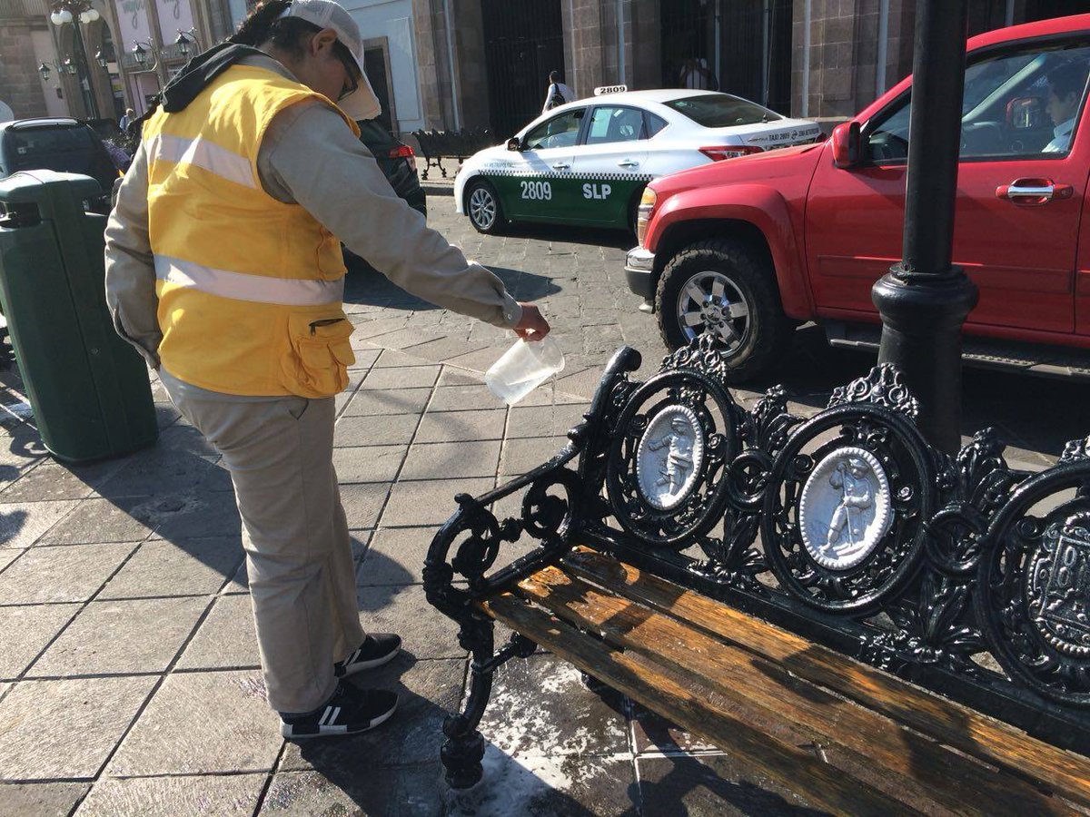 ImagenSLP's tweet photo. Continuamos realizando el mantenimiento en mobiliario urbano, en donde en esta ocasión nuestro equipo estuvo presente dando limpieza en bancas de la plaza de los Fundadores así como también la colocación de bancas en Carranza. https://t.co/PjokeZyrwy