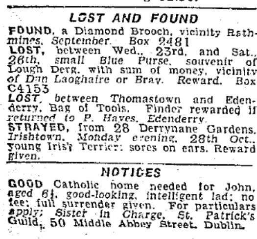 electionlit's tweet image. Children were advertised to be adopted from St Patrick's Guild under the "Lost and Found" section