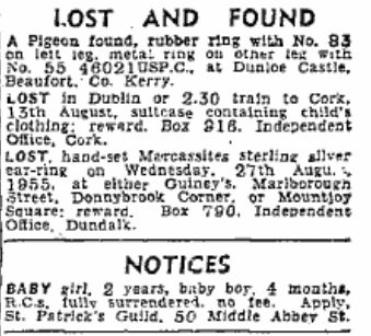 electionlit's tweet image. Children were advertised to be adopted from St Patrick's Guild under the "Lost and Found" section