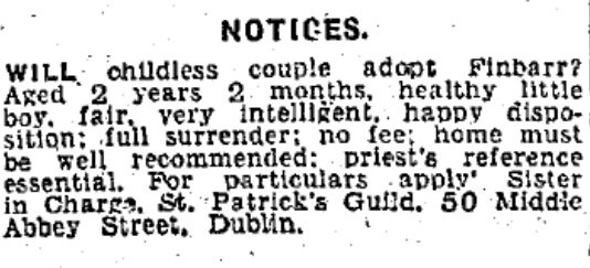 electionlit's tweet image. Children were advertised to be adopted from St Patrick's Guild under the "Lost and Found" section