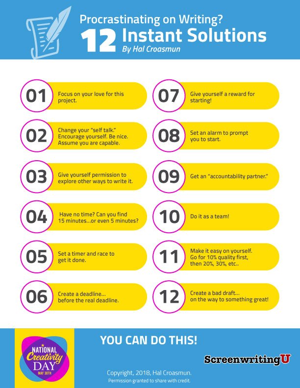 creativity_day's tweet photo. Ever Procrastinate on Writing?  Here are 12 INSTANT SOLUTIONS.  

To download a printable copy, go to https://t.co/RwcphsKgZF 

Brought to you by #NationalCreativityDay @creativity_day and @ScreenwritingU
#screenwriting #writing #novels #screenplay #amwriting  Please RT/Share https://t.co/N9CpwgyKjN