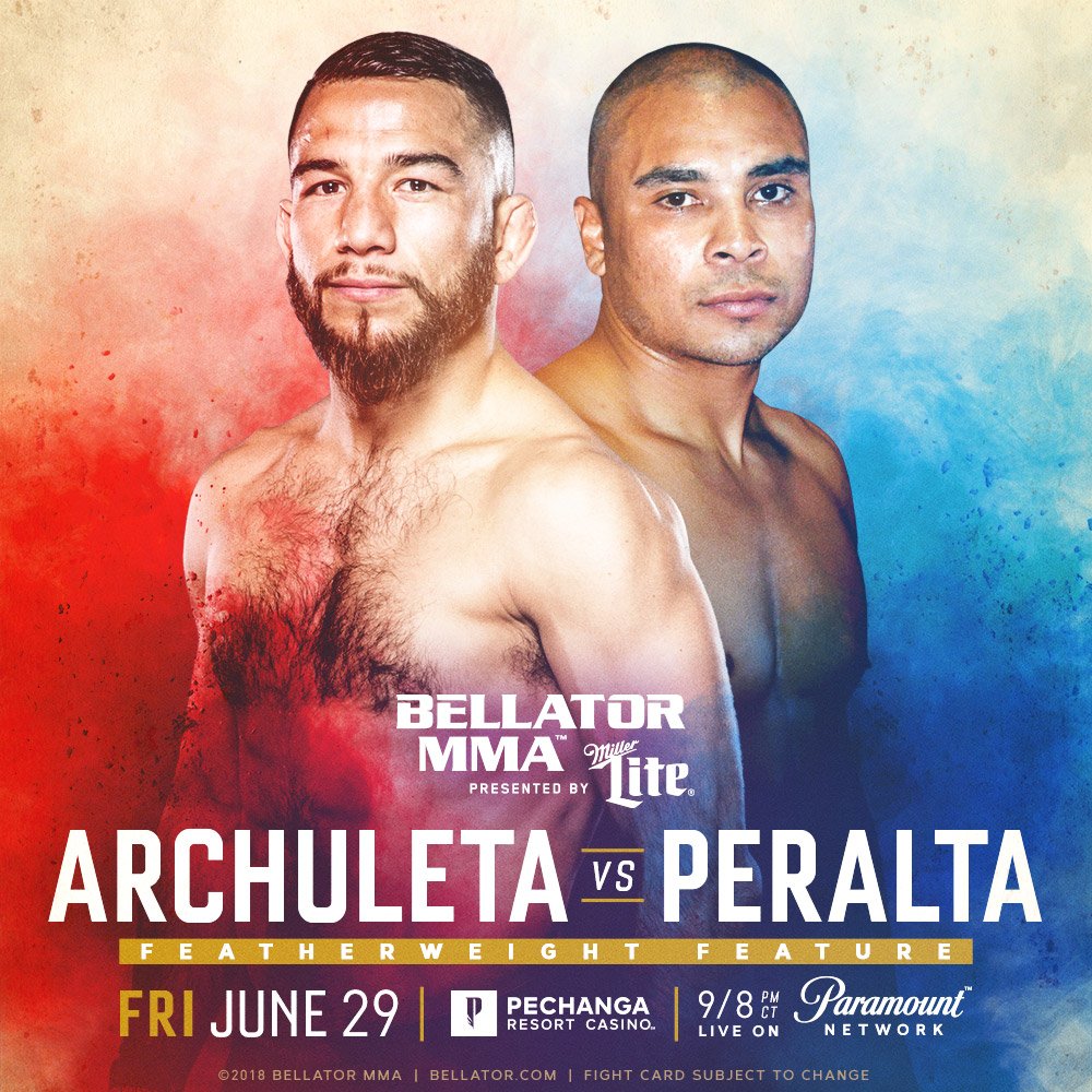 BellatorMMA's tweet photo. Another exciting matchup is set for #Bellator201!
18-1 @jarchmma puts his winning streak on the line against veteran @PeraltaMMA on Friday, June 29 at @PechangaCasino in Temecula, CA. https://t.co/YcRrKGPaD8