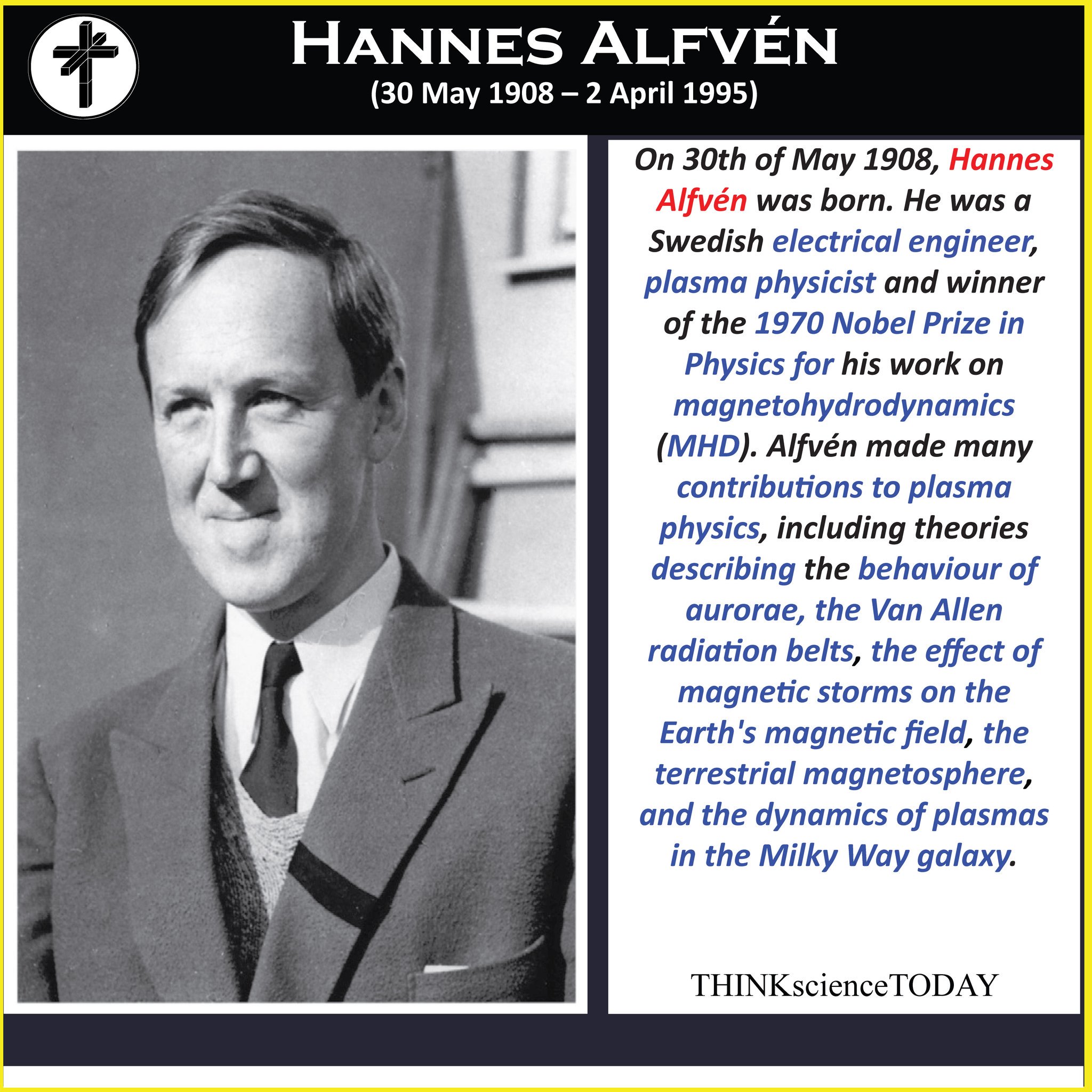 THINKscienceTODAY в Twitter: „#Wednesday Today on 30th of May 1908, Hannes Alfvén was born. He was a Swedish electrical engineer, plasma physicist and winner of the 1970 Nobel Prize in Physics for