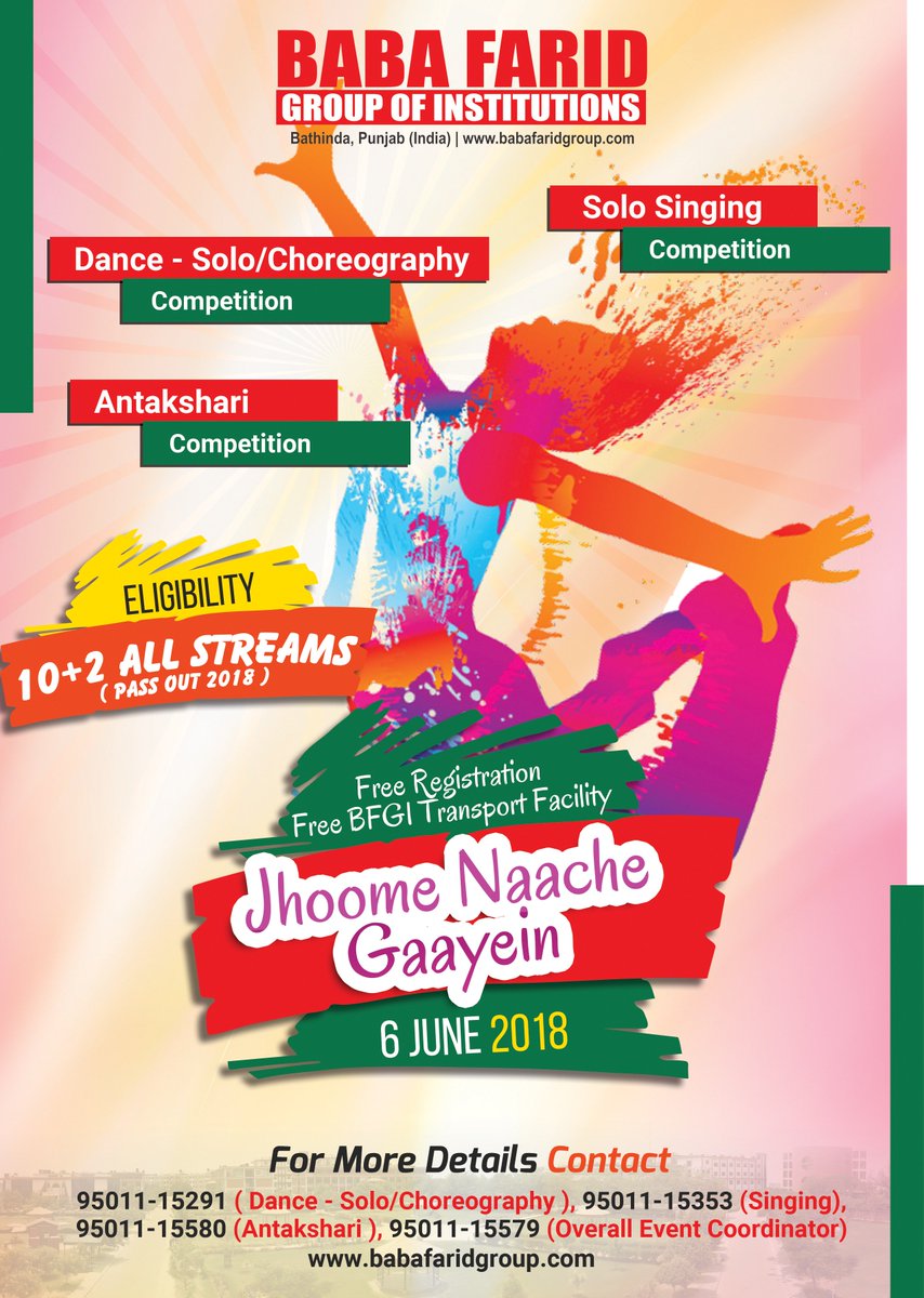BabaFaridGroup's tweet photo. To Participate Click here: https://t.co/737J8MmmDw
For more details contact : 95011-15291(Dance- Solo/Choreography), 95011-15353 (Singing), 95011-15580 (Antakshri), 95011-15579 (Overall Event Coordinator)
#BFGI #BFCE #Competition https://t.co/fAjT9M0T2c