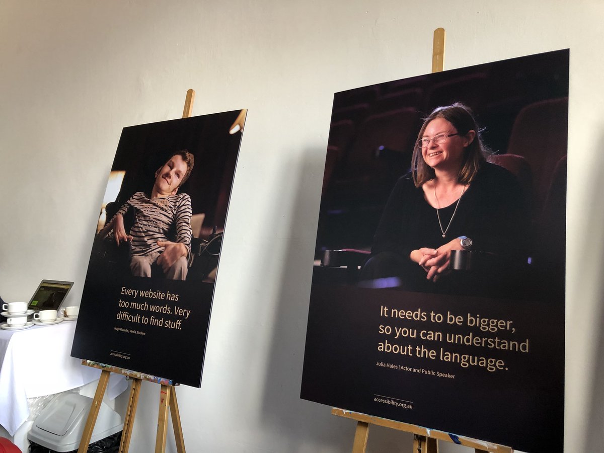 Image of 2 exhibits of 2 individuals smiling at the camera. The caption reads - exhibit 1”Every website has too much words. Very difficult to find stuff’. Exhibit 2 ‘It needs to be bigger, so you can understand about the language’