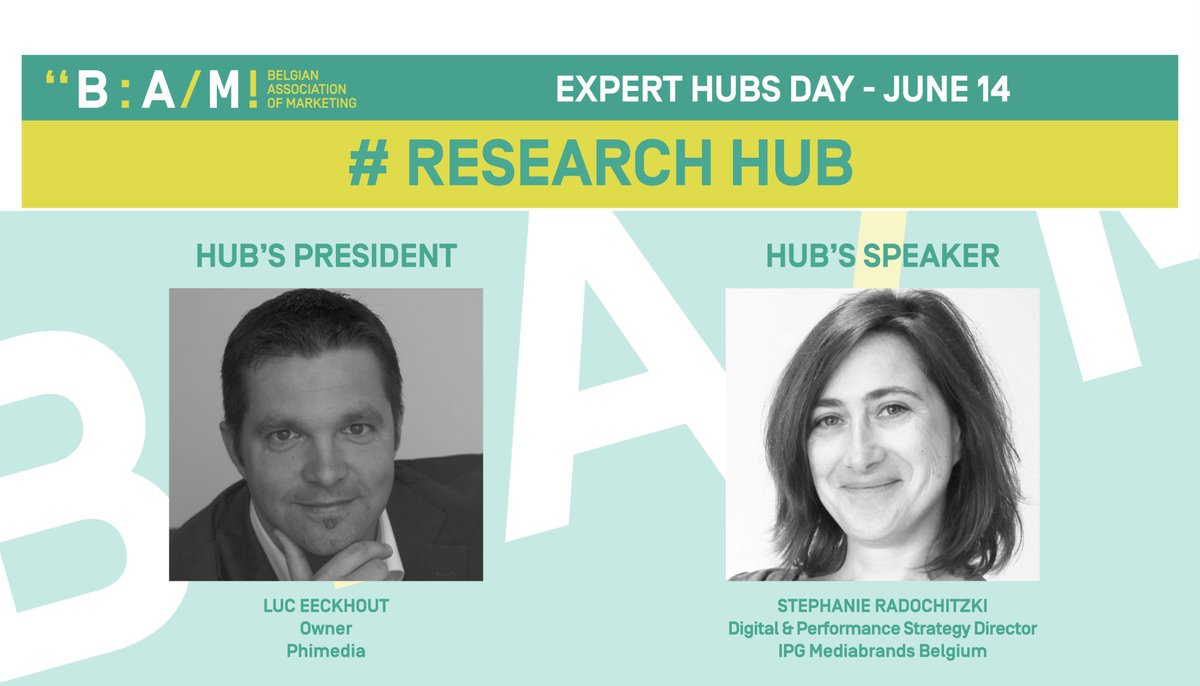 we_are_BAM's tweet photo. Discover the speakers of the #Research Hub at the Expert Hubs Day on June 14! With Luc Eeckhout and Stephanie Radochitzki.
Topic: “The BAM Matrix Survey results"
Full program on:
FR: https://t.co/1oOjIZpQVj 
NL: https://t.co/gxuB8vnI9Q 
#we_are_bam #meaningfullmarketing https://t.co/Iw43xWk6sf