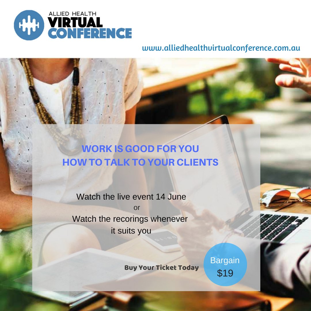 alliedhealthss's tweet photo. Join our VIRTUAL CONFERENCE "WORK IS GOOD FOR YOU – HOW TO TALK TO YOUR CLIENTS" 14 June- get yourself a ticket now for an absolute bargain $19!
#ahss #ahvc #webinar #onlinelearning #business #marketing #healthcare #Australia https://t.co/n7dW3UWFzn