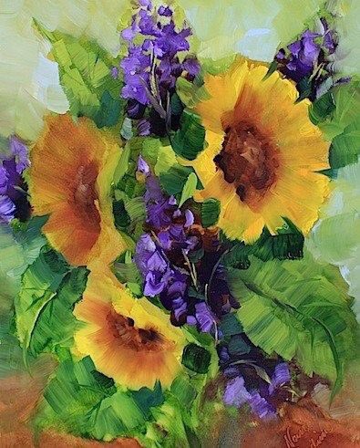 Sunflowers to brighten my timeline and make everyone just a bit happier. These ones are painted by Texas artist Nancy Medina who creates lovely arrangements then paints them.