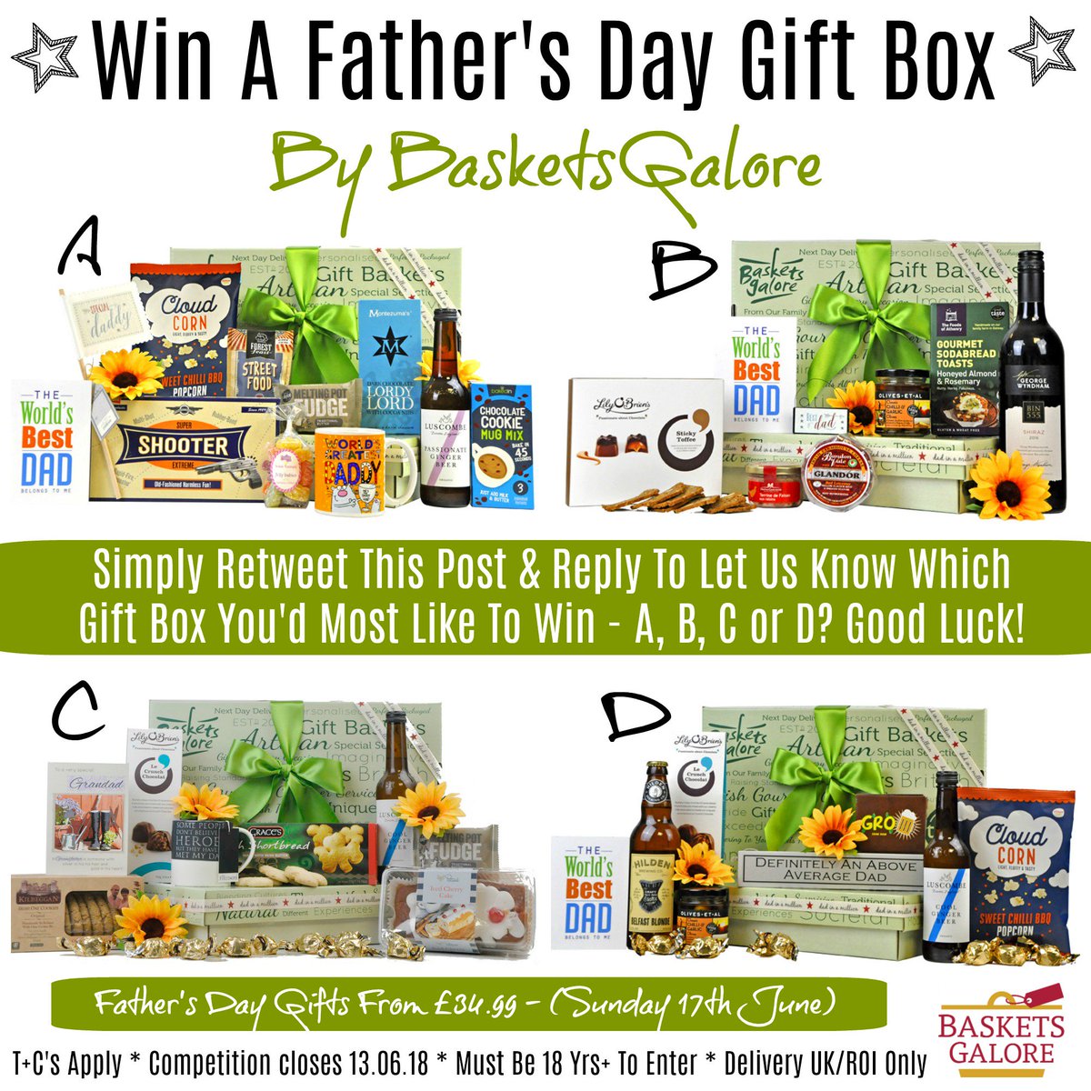 BasketsGalore's tweet photo. ⭐ It's Competition Time! ⭐Win a fabulous Father's Day Gift Box. To enter Follow, Retweet &amp; Reply With Your Favourite Gift Box: A, B, C or D? Good Luck! #competition #win #giveaway #prize #fathersday #fathersdaygifts #winningwednesday https://t.co/eOgFyQjOvX