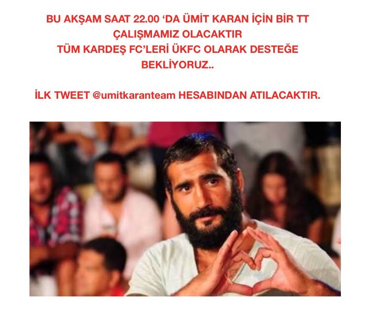 Bugün saat 22.00'da Ümit Karan için TT çalışmamız vardır. İlk twit bu sayfadan atılacaktır. Katılımlarınızı bekliyoruz. #uk99 #survivor #survivor2018 #survivorpanorama #survivorekstra