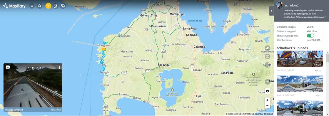 schadow1's tweet photo. Since the start of the year (2018), #Schadow1Expeditions has been working on strides to improve the least mapped areas of the province of Cavite and Batangas. We have contributed over 25k 360deg images and covered over 400km to date. #MapillaryExplore
https://t.co/aP3nV9mbHH https://t.co/5ZSZK9OvF5