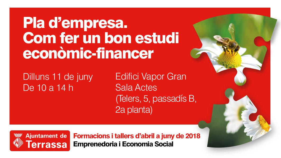 Saps com fer l'estudi econòmic-financer del teu pla d'empresa? Vine al curs dilluns que ve i t'explicarem els conceptes bàsics: finançament, ingressos, despeses, punt d'equilibri, pla de tresoreria. Inscriu-te: ow.ly/Kapy30jobCo <a href="/ajterrassa/">Ajuntament de Terrassa</a> <a href="/TrsOcupacio/">Foment de Terrassa</a> <a href="/Orbital40/">Val</a> <a href="/bctxarxa/">bct xarxa</a>