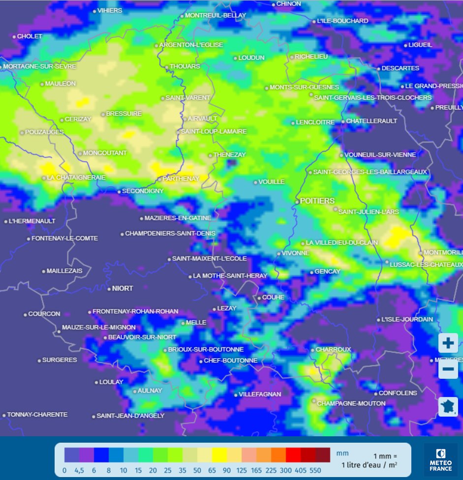 Meteo79niort's tweet photo. Les pluies ont été très abondantes sur les nord et sud du @poitoucharentes avec souvent plus de 50 mm estimés ou observés.
On relève à 6h: 51mm à St Germain(17), 83mm à Glenay(79), 62mm à Bressuire(79), 50mm à Montmorillon(86)
Les pluies se poursuivent ce matin
#Meteo79 #Meteo86 https://t.co/y72qbufkA5