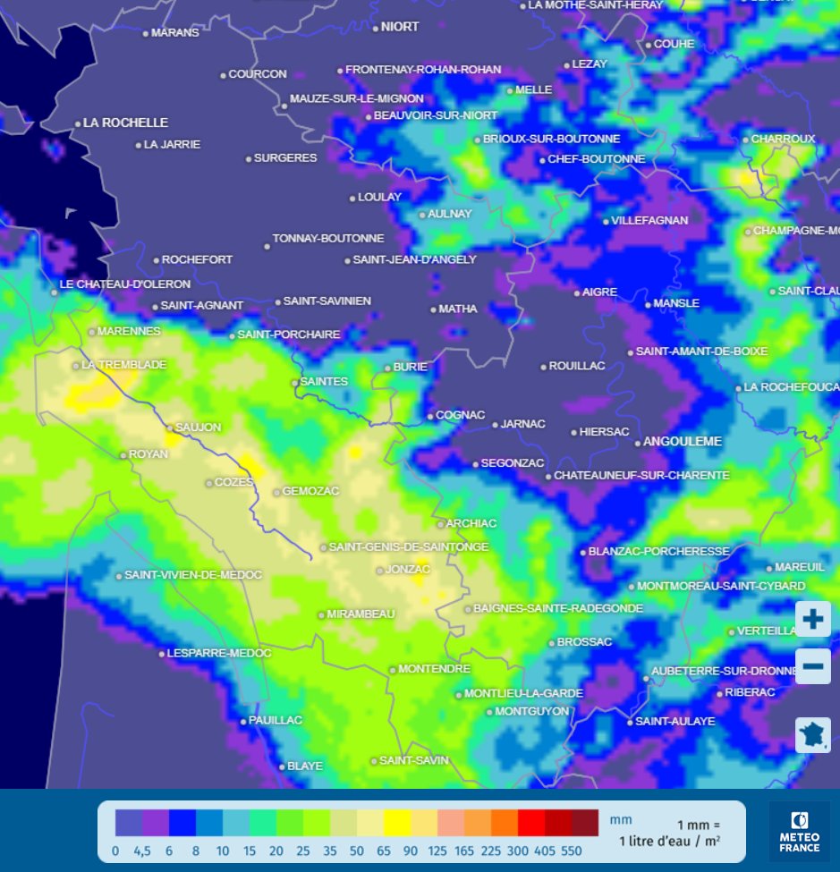 Meteo79niort's tweet photo. Les pluies ont été très abondantes sur les nord et sud du @poitoucharentes avec souvent plus de 50 mm estimés ou observés.
On relève à 6h: 51mm à St Germain(17), 83mm à Glenay(79), 62mm à Bressuire(79), 50mm à Montmorillon(86)
Les pluies se poursuivent ce matin
#Meteo79 #Meteo86 https://t.co/y72qbufkA5
