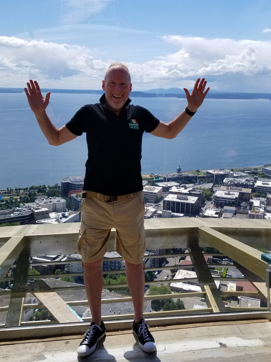 PastorJimLyon's tweet photo. Up against the wall: leaning backward on new glass wall slanted outward at top of Space Needle, Seattle: pic does not capture sense of falling overboard, but the searing memory does : ). #SeattleRules https://t.co/qUsvJurwhd https://t.co/Rvj5C7KqRN