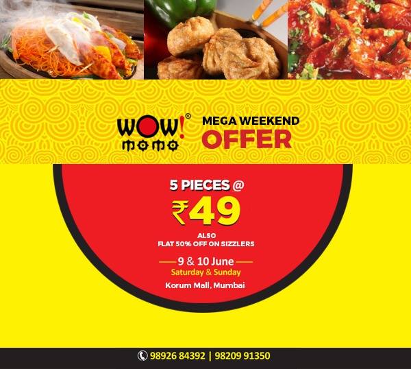 Wowmomo4u's tweet photo. #Wow news for Aamchi Mumbai
Buy 5 pieces at Rs. 49 and Flat 50% off on Sizzlers
Hurry offer is only valid on 9th and 10th June at Wow! Momo, Korum Mall, Thane Mumbai
#WowOffer #WowMomo #50off #Bethere #Donomissit #AmazingOffer #Sizzler https://t.co/77IkmqZ7JW