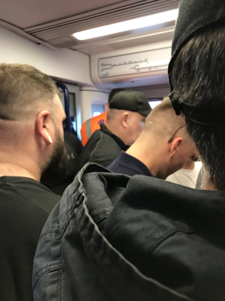 C_MAlexander's tweet image. Sympathise with the ongoing woes of train users in north of England: This was my experience on Manchester to York service - in heat - the other week after scheduled west coast service cancelled. Not what people pay good money for! #railfail #railchaos #standingroomonly #sardines