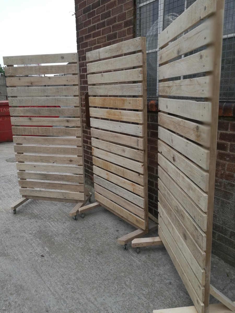Set of 3 portable screens made wholly from #reclaimedpalletwood &amp; 3" x 2" timber lengths. Even the castors are recycled from old office furniture.