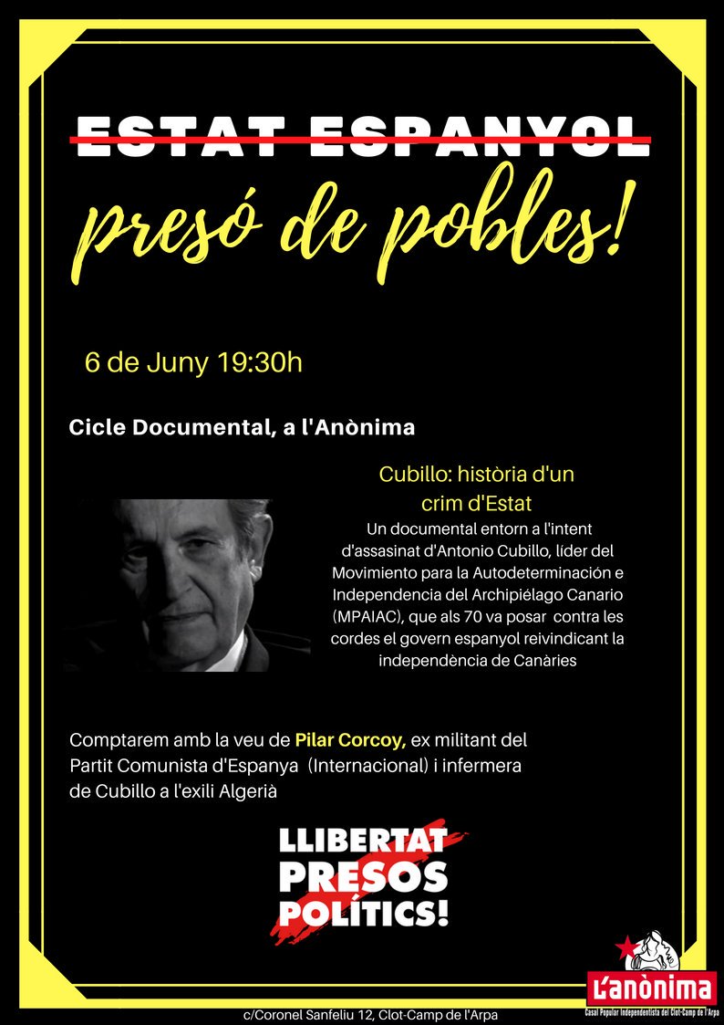 Anonima_Clot's tweet photo. ⚠ AVUI dimecres a les 19:30 al #cicledocumental de l'Anònima: "Cubillo: història d'un crim d'estat". Amb la presència de Pilar Corcoy, infermera de Cubillo durant el seu exili a Algèria. ⚠
... I recordeu que el casal estarà OBERT de 19h a 22h, passeu a fer-hi un beure! 🍻😃 https://t.co/9rSSDzjWGf