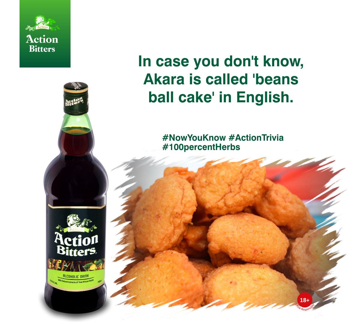 ActionBitters's tweet photo. In case you don't know, Akara can be called 'beans ball cake' in English. #NowYouKnow #ActionTrivia #NoSugar #100PercentHerbs #ActionBitters #100PercentHerbs #UndisputedBitters #TastedAndTrusted #100PercentHerbs #0PercentSugar #ActionMatters #TakeAction #AfricanRoots https://t.co/vD8CSGo8Tl