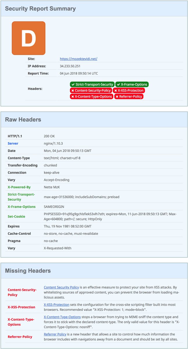 OldaSalek's tweet image. Security report mého webu před a po. securityheaders.com škoda, že #ContentSecurityPolicy zatím nemohu nasadit, kvůli nekompatibilnímu jquery upload pluginu v administraci. D =&amp;gt; A