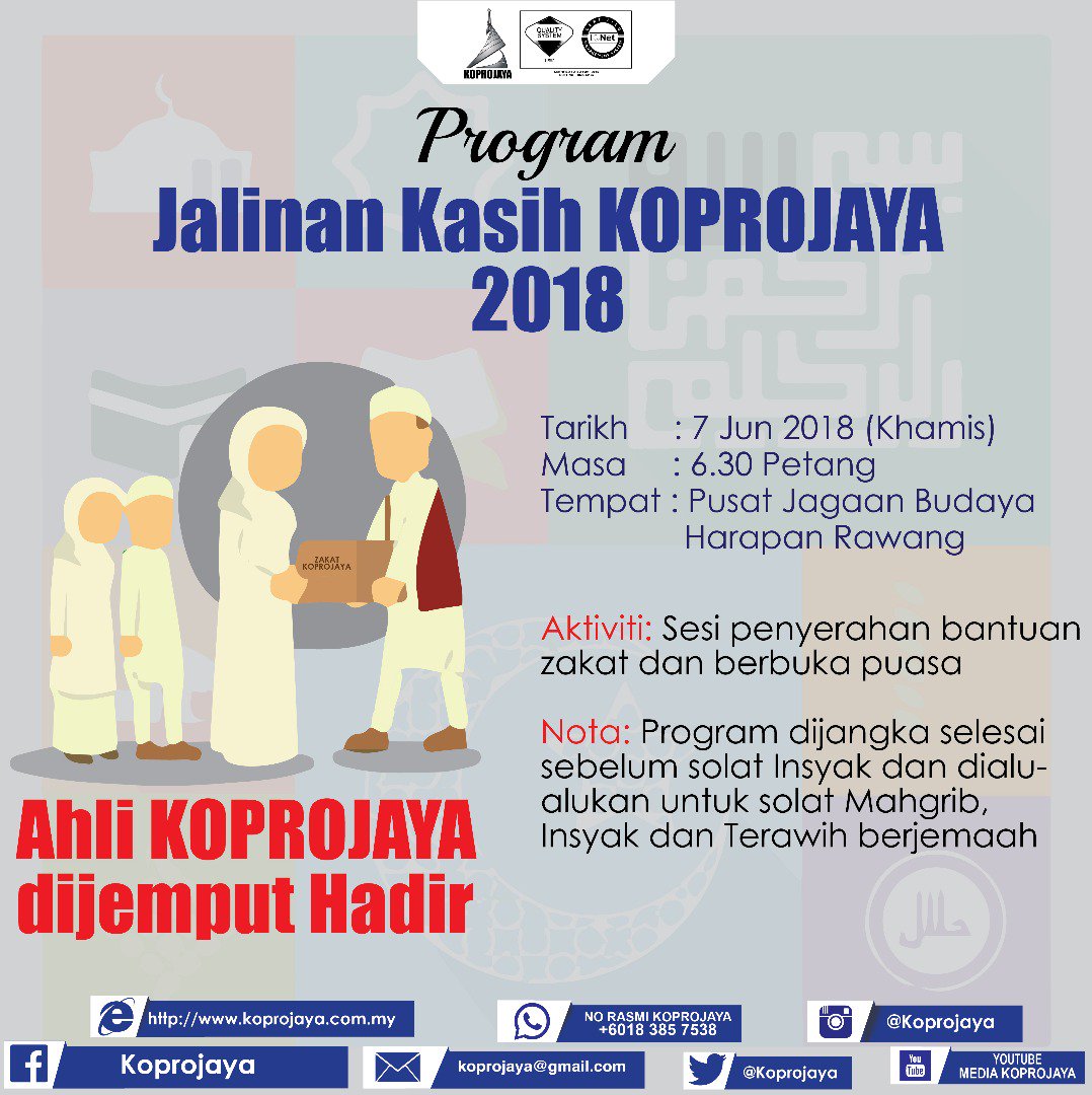 Koprojaya On Twitter Assalamualaikum Wbt Sukacita Bersama Sama Ini Dijemput Semua Ahli Koprojaya Ke Program Jalinan Kasih Koprojaya 2018 Yang Akan Diadakan Di Pusat Jagaan Budaya Harapan Rawang Butiran Tarikh 7 Jun 2018