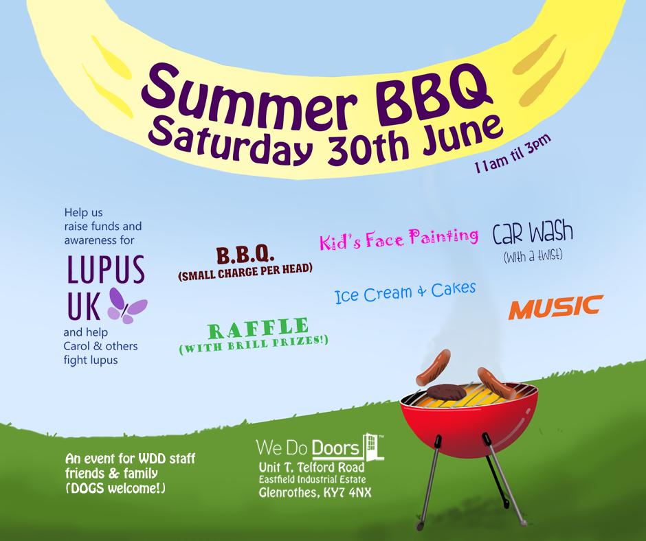 WeDoDoors's tweet photo. We're having a BBQ - in aid of #LupusUK
Come join us on Sat 30th June: we've got a raffle with great prizes, face painting, cakes &amp; ice cream, and more!
Help us raise money and awareness for Lupus UK to fight lupus - and have fun while doing it. See you there! https://t.co/CVFbcrDOti