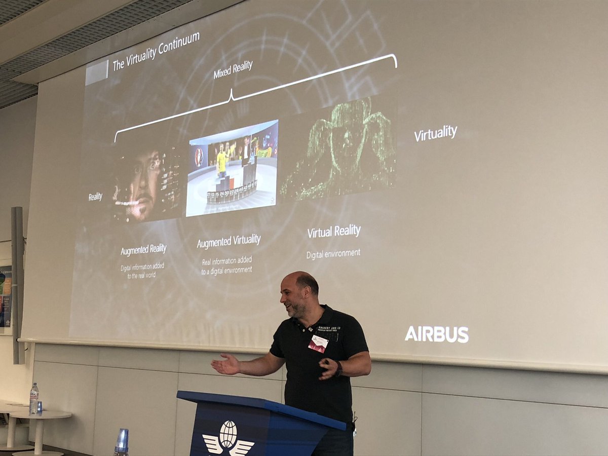 Day 2 of #AVARS2018. Fabien Dumon is sharing #Airbus perspectives on VR and AR. #VirtualReality #AugmentedReality #IATA