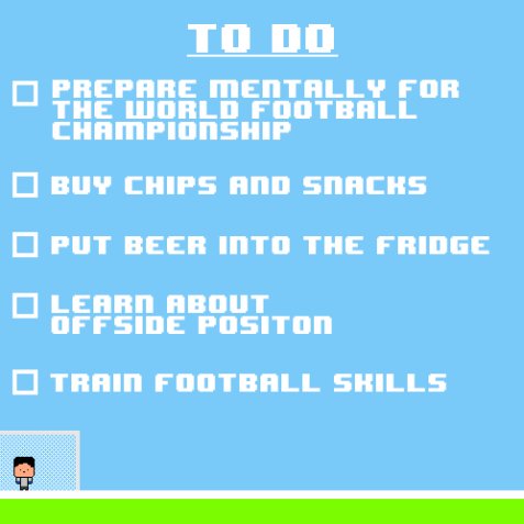 BinaryOcean_Dev's tweet photo. Let's prepare for the world championship!
#binaryocean #gamedev #todo #todolist #sunday #programming #progress #gamedesign #indie #mobilegaming #mobilegaming #work #inspiration #gaming #gamers #2d #gamedevelopment #pixel #pixelart #worldchampionship #preparation #football #wm2018 https://t.co/CXq5ix4DZV