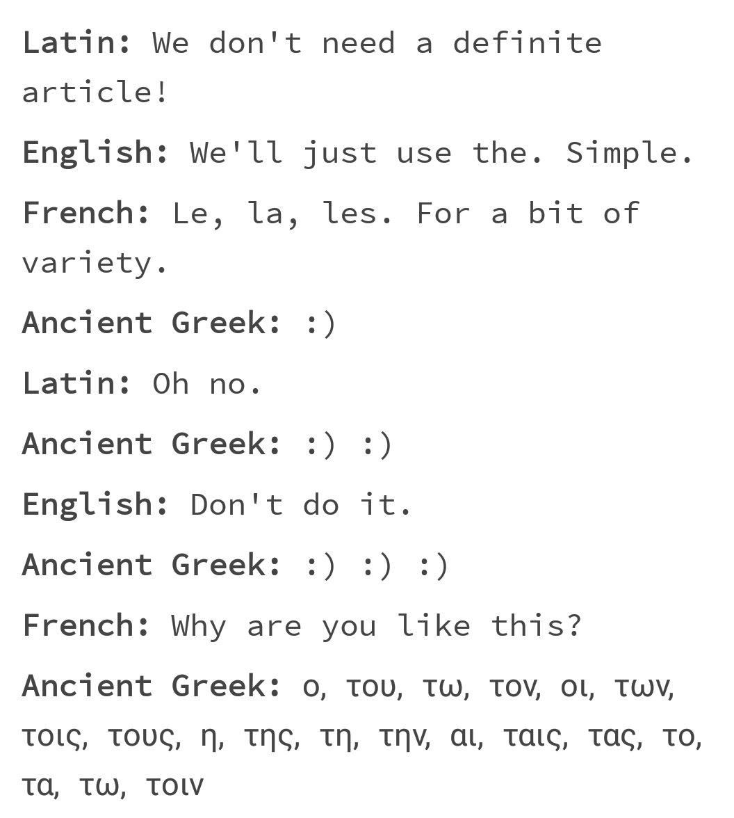 hopeswanjones's tweet photo. That's ancient Greek for you all😂 It's more or less the same in modern greek, there are just like 5 less articles there. 
And it's (kinda) easier for native speakers to learn ancient Greek but my poor boy Killian must have been through hell to learn it. (Pun always intended😉) https://t.co/9VIjR9aUlE