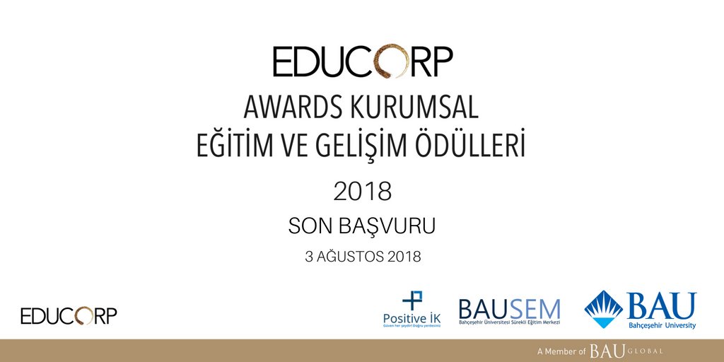 EduCorpBAU's tweet photo. Kurumsal Eğitim ve Gelişim Ödülleri için son başvuru tarihi 3 Ağustos 2018! https://t.co/2sr0wicoIZ #EducorpAwards #BAU #BAUSEM https://t.co/7mefcXNb1o
