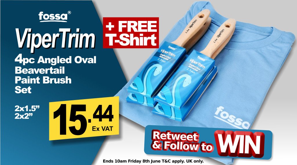 decoratingdirec's tweet photo. Competition time again!!! Retweet &amp; Follow to be in with a chance of winning our excellent 4pc Fossa ViperTrim Angled Oval Beavertail Brush set inc. a FREE Fossa T-Shirt. Ends 10am Friday 8th June 2018.
3 Winners to be chosen.
https://t.co/AxkyXNJO9w https://t.co/7rUbuaag0l