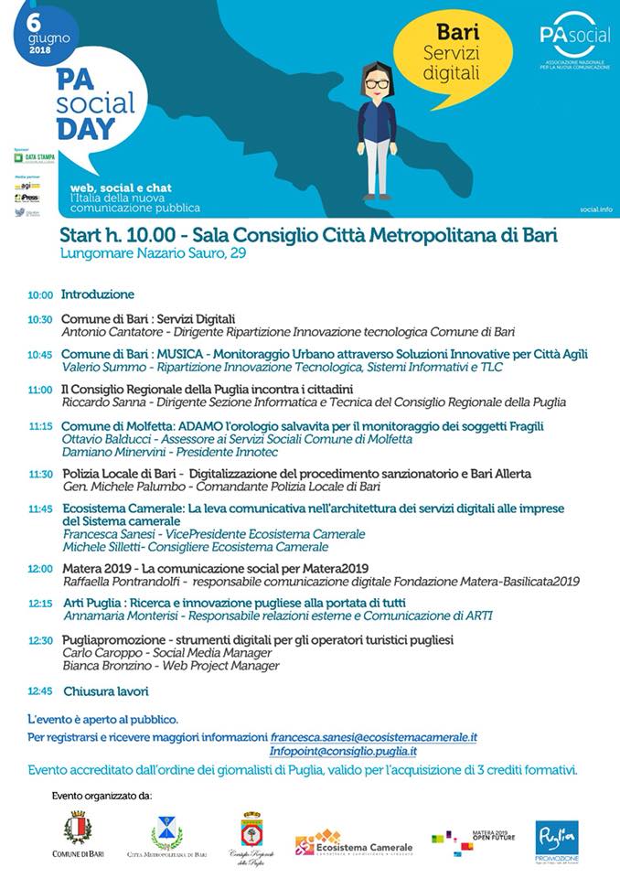 Oggi si tiene in tutta Italia il #PASocial, giornata dedicata alla nuova comunicazione pubblica via web, social, chat, intelligenza artificiale 📱💻⚙️🤖 A Bari viene approfondito il tema dei Servizi Digitali, seguite la diretta qui: facebook.com/ecosistemacame…