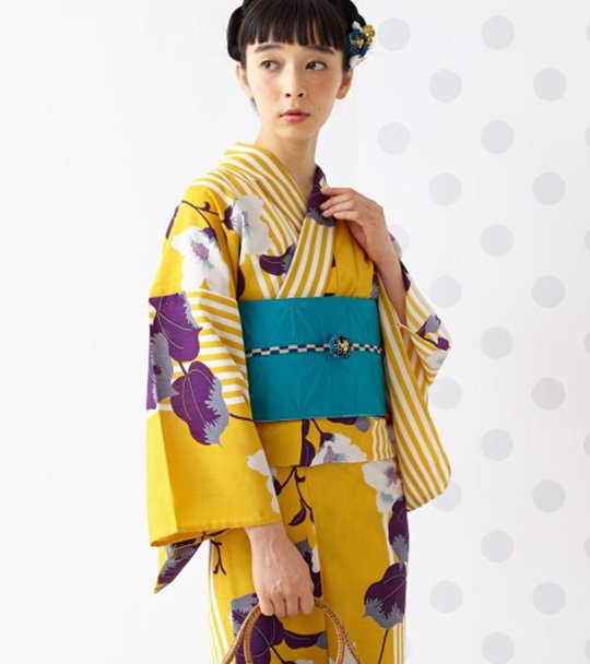 【美品】浴衣単品　ふりふ　撫松庵 はまなす　からし色　ストライプ