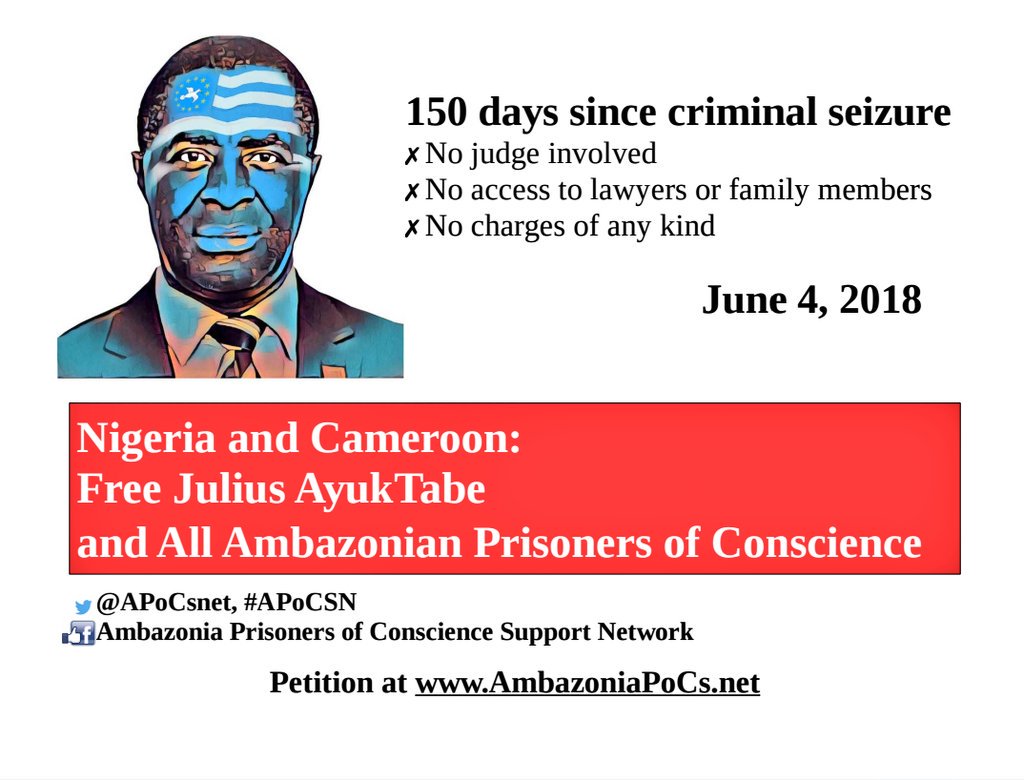 WestCameroons's tweet photo. It's now 152 days since #Ambazonia Leader, Sisiku AyukTabe & part of his cabinet were abducted frm Nera Hotel in #Nigeria. Till date, No one has neither seen nor spoken to them.
The world shld ask #Buhari & #Biya where our leaders are
#FreeSisikuAyukTabe
#FreeAllArrested
#APOCSN https://t.co/Ae5kbWwAbe