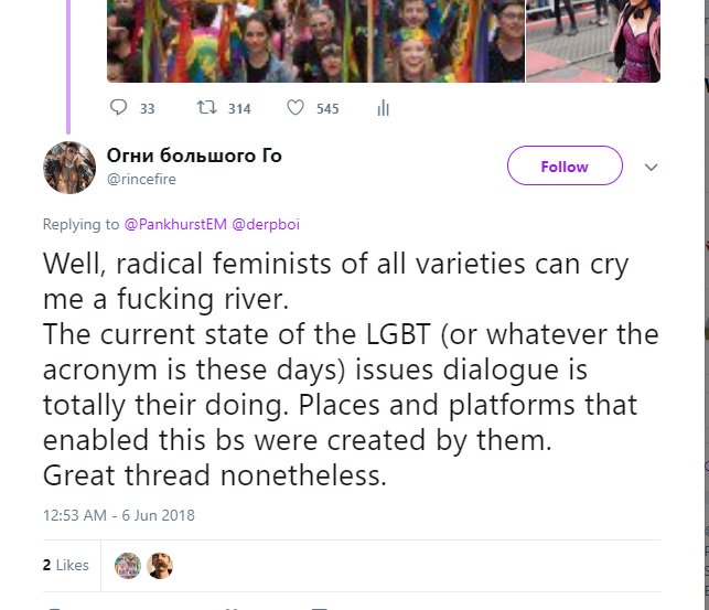 Similar to Victor, Rincefire posits that it is all feminism's fault, we created the spaces and platforms for this. Complain about violence and threats of violence against women, female sexual autonomy and some men find a way to blame feminism. The likes: gay man & dad & husband.