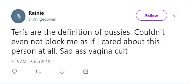 Now for an example of hyberbole, or transbole as it is sometimes known. The 'feminists are men-haters' trope of ages past is back. Also, this thread is poorly researched and hunting down trans people. The poster doesn't like Terfs, check out the sexualised insult