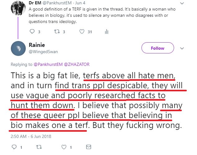 Now for an example of hyberbole, or transbole as it is sometimes known. The 'feminists are men-haters' trope of ages past is back. Also, this thread is poorly researched and hunting down trans people. The poster doesn't like Terfs, check out the sexualised insult