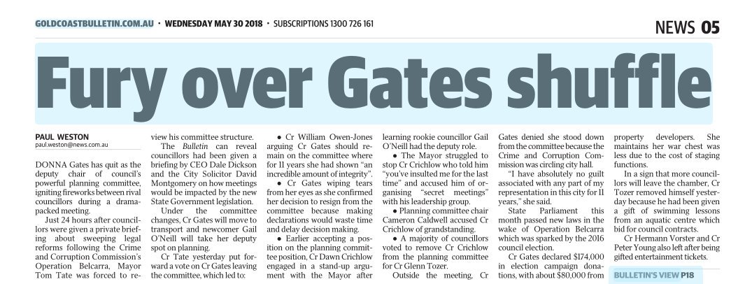 BroadwaterOur's tweet photo. Dep Mayor Gates #GCCC  &amp; #GCTurfClub Board Member resigns from #GCCC powerful Planning Committee.  Doesn't want Cllrs to have to listen to the details of her many real or perceived #conflictofinterest 

#transparency 
#GoldCoast 
#qldpol
#Qld https://t.co/wOuS9vBATK