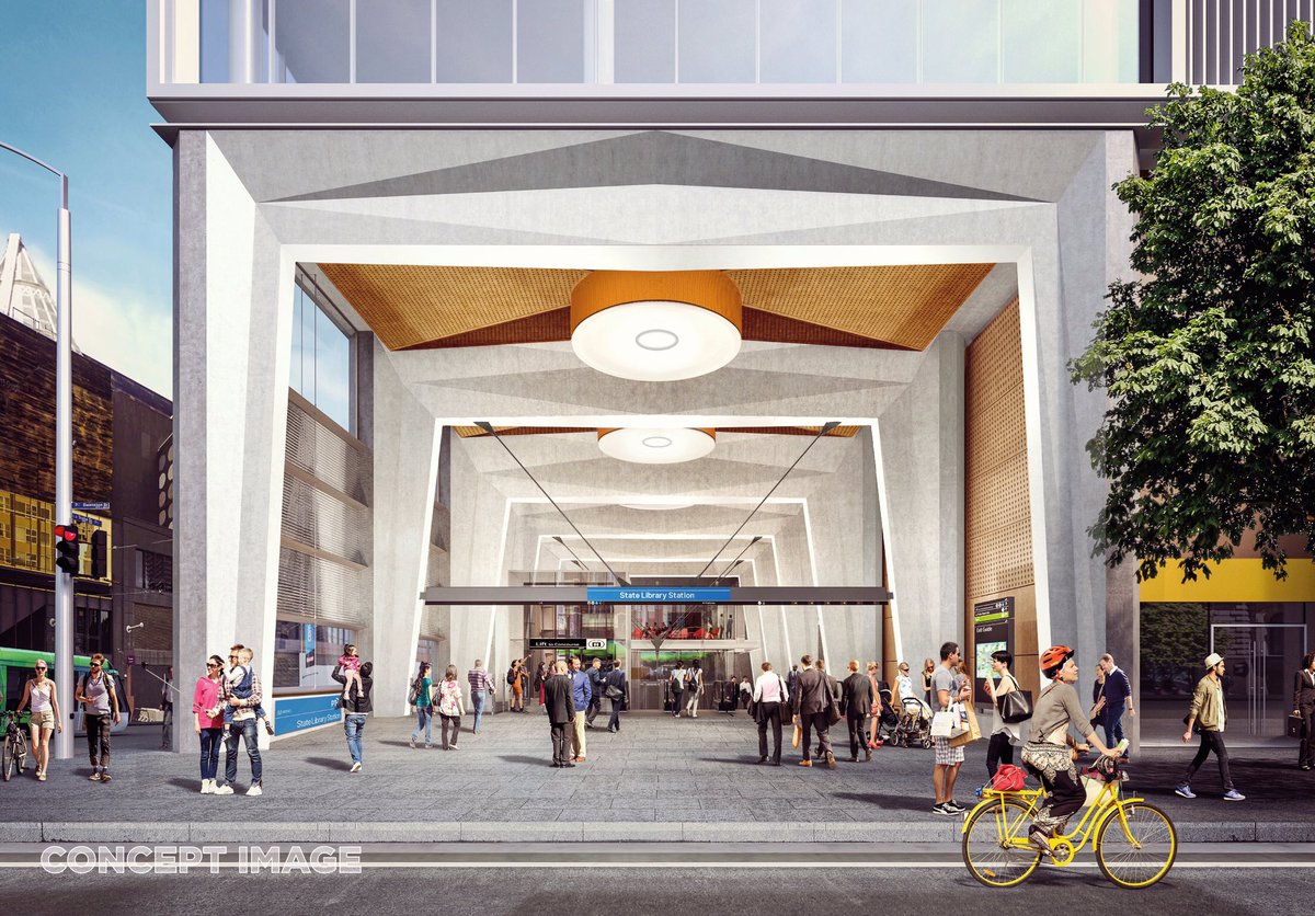 metrotunnelvic's tweet image. State Library Station will create new meeting spaces for Melbournians with spacious platforms and sweeping arches