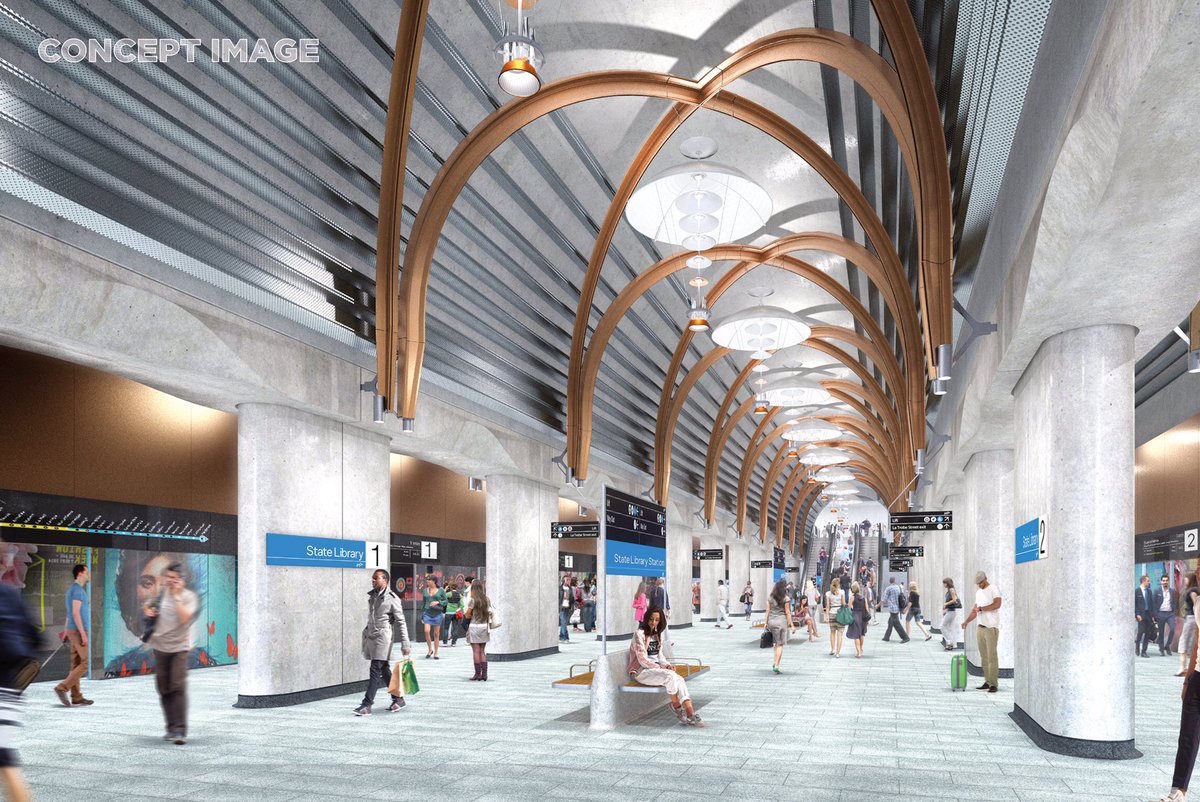 metrotunnelvic's tweet image. State Library Station will create new meeting spaces for Melbournians with spacious platforms and sweeping arches