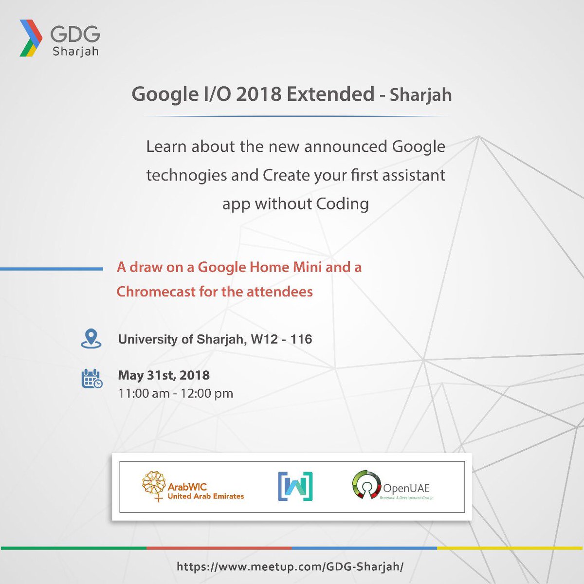 GDGSharjah's tweet photo. Waiting for you tomorrow!

Sign up here: https://t.co/g0Pcizybhz

.
.
#GDG #GDGsharjah #google #io18 #GDGMENA #WTMmena #WTM #ArabWIC #openUAE #sharjah #uae #io18extended https://t.co/YCUuJNWp2Y